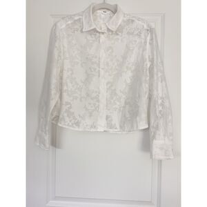GAP White Floral Burnout Sheer Button Front Crop Shirt Blouse Women's Size S